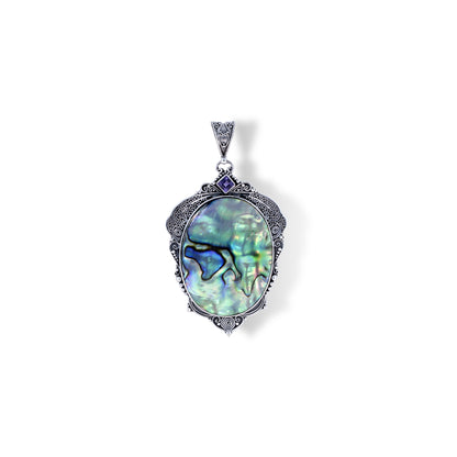 Handcrafted Sterling Silver Abalone Shell Pendant with Purple Amethyst & Ornate Scrollwork