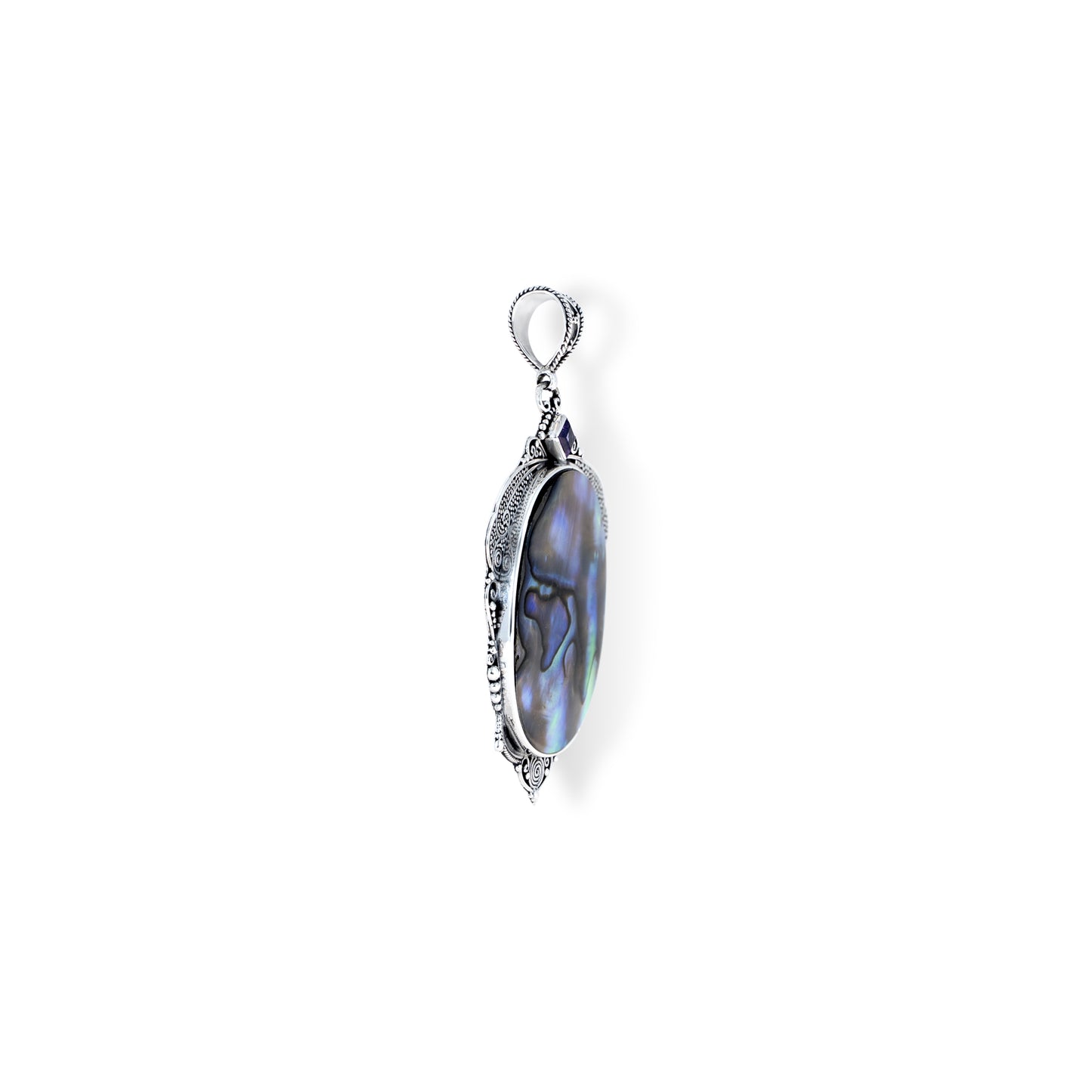 Handcrafted Sterling Silver Abalone Shell Pendant with Purple Amethyst & Ornate Scrollwork