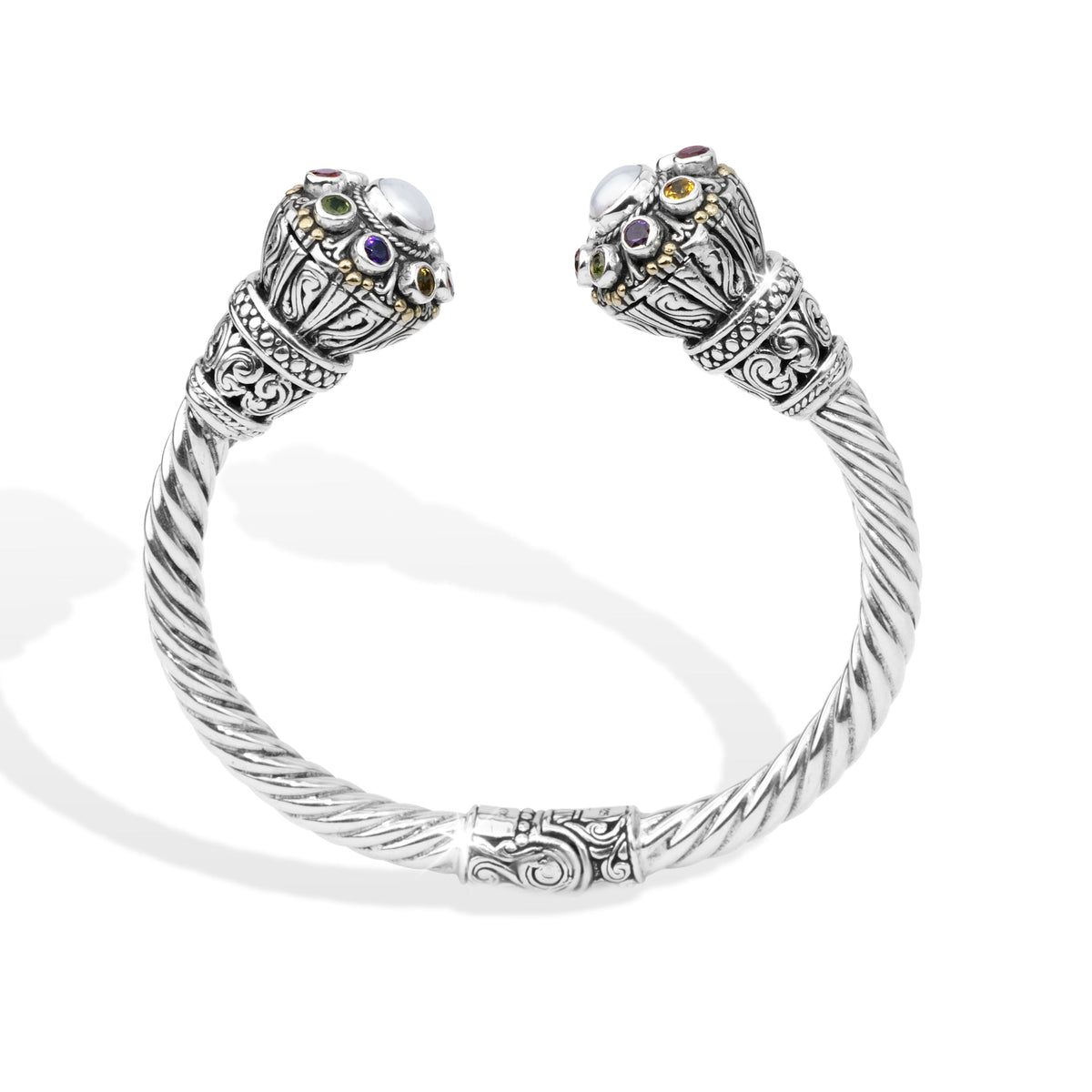 Balinese Gada-Inspired Multi-Gemstone Pearl Sterling Silver Cuff Bracelet with 18K Gold Accents