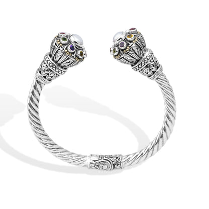 Balinese Gada-Inspired Multi-Gemstone Pearl Sterling Silver Cuff Bracelet with 18K Gold Accents