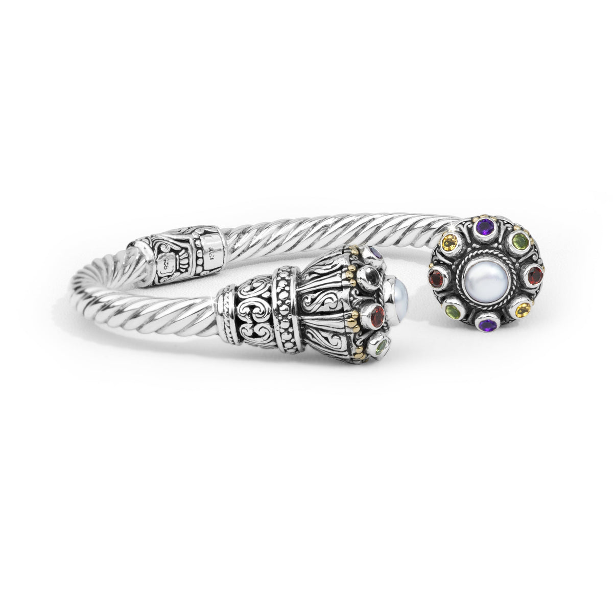 Balinese Gada-Inspired Multi-Gemstone Pearl Sterling Silver Cuff Bracelet with 18K Gold Accents