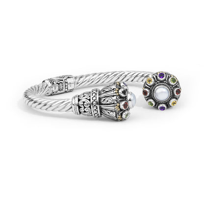 Balinese Gada-Inspired Multi-Gemstone Pearl Sterling Silver Cuff Bracelet with 18K Gold Accents