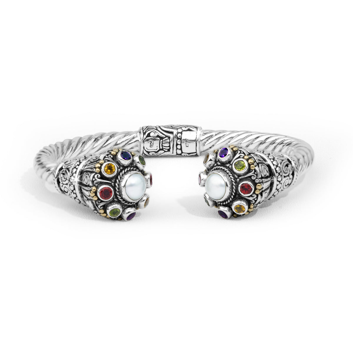 Balinese Gada-Inspired Multi-Gemstone Pearl Sterling Silver Cuff Bracelet with 18K Gold Accents