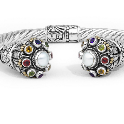 Balinese Gada-Inspired Multi-Gemstone Pearl Sterling Silver Cuff Bracelet with 18K Gold Accents