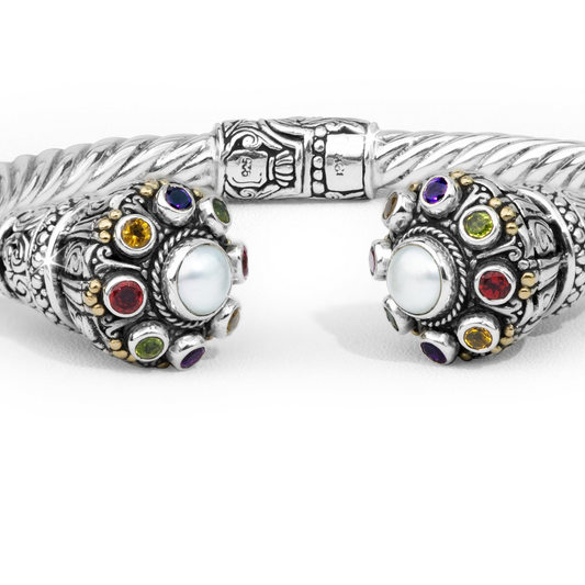 Balinese Gada-Inspired Multi-Gemstone Pearl Sterling Silver Cuff Bracelet with 18K Gold Accents
