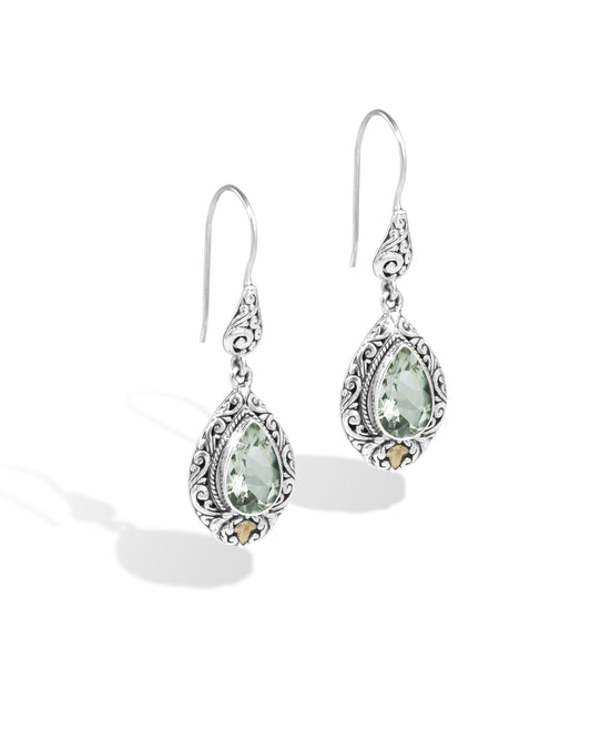 Celestia Dewdrop Green Amethyst Earrings – Handcrafted Balinese Silver with 18K Gold Accents Product Description