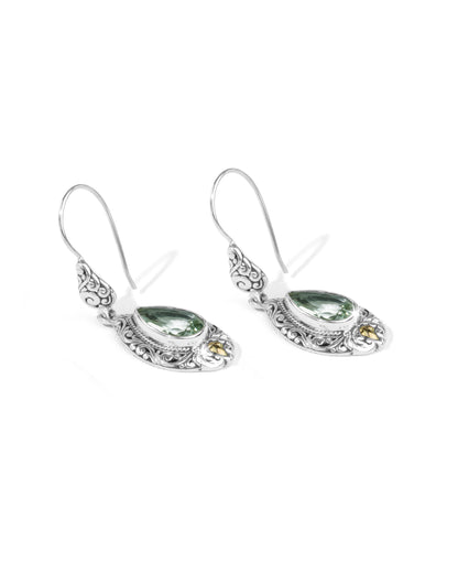 Celestia Dewdrop Green Amethyst Earrings – Handcrafted Balinese Silver with 18K Gold Accents Product Description