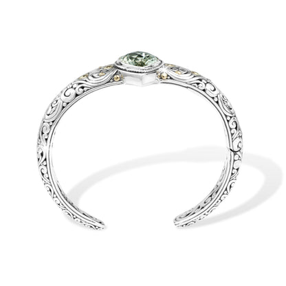 Celestia Green Amethyst Balinese Silver Cuff Bracelet with 18K Gold Accents
