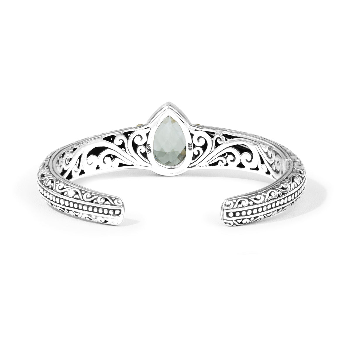 Celestia Green Amethyst Balinese Silver Cuff Bracelet with 18K Gold Accents