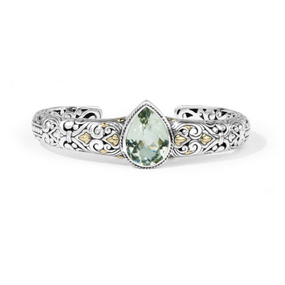 Celestia Green Amethyst Balinese Silver Cuff Bracelet with 18K Gold Accents