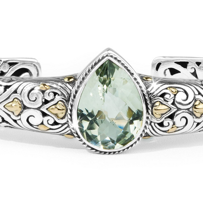 Celestia Green Amethyst Balinese Silver Cuff Bracelet with 18K Gold Accents