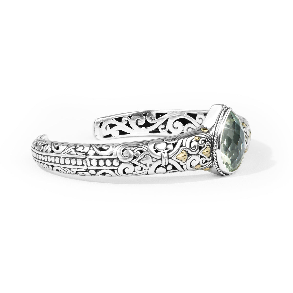 Celestia Green Amethyst Balinese Silver Cuff Bracelet with 18K Gold Accents