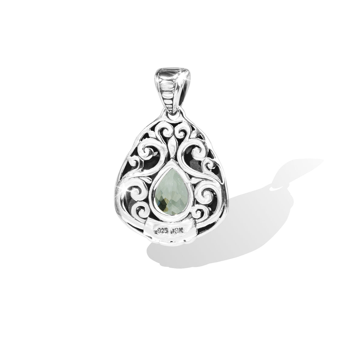 Verdant Teardrop Green Amethyst Pendant in Balinese Sterling Silver with 18K Gold Accents