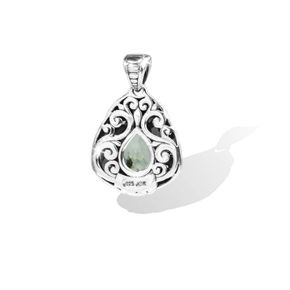 Verdant Teardrop Green Amethyst Pendant in Balinese Sterling Silver with 18K Gold Accents