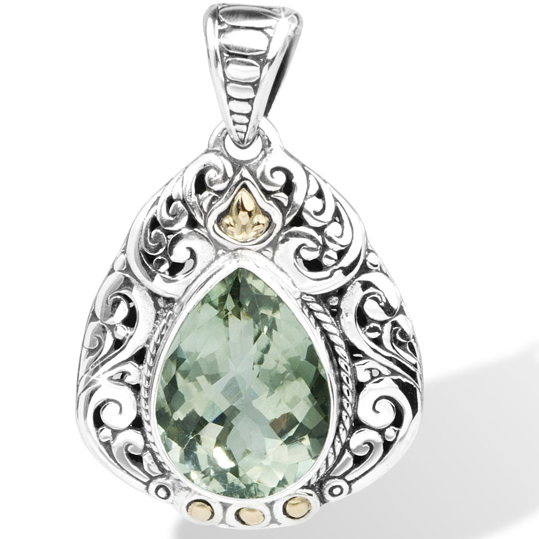 Verdant Teardrop Green Amethyst Pendant in Balinese Sterling Silver with 18K Gold Accents