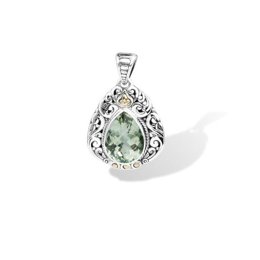 Verdant Teardrop Green Amethyst Pendant in Balinese Sterling Silver with 18K Gold Accents