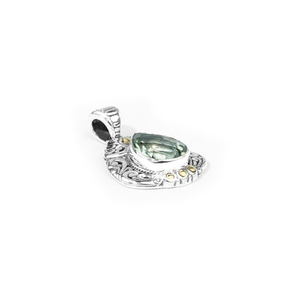 Verdant Teardrop Green Amethyst Pendant in Balinese Sterling Silver with 18K Gold Accents