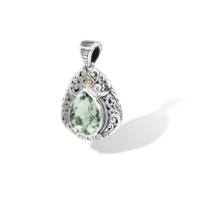 Verdant Teardrop Green Amethyst Pendant in Balinese Sterling Silver with 18K Gold Accents