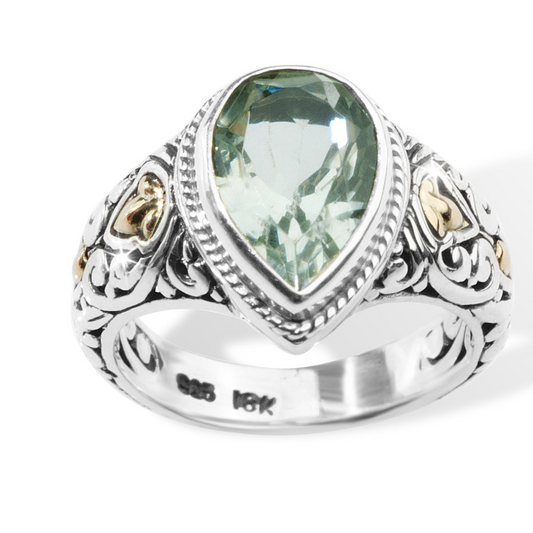 The Verdant Teardrop – Green Amethyst & 18K Gold Balinese Silver Ring