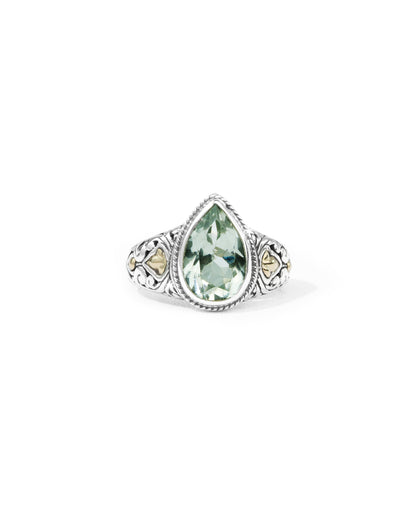 The Verdant Teardrop – Green Amethyst & 18K Gold Balinese Silver Ring