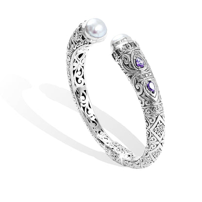 Handcrafted Balinese Silver Open Cuff Bracelet with Pearl & Amethyst