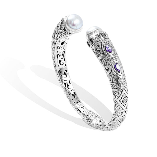 Handcrafted Balinese Silver Open Cuff Bracelet with Pearl & Amethyst