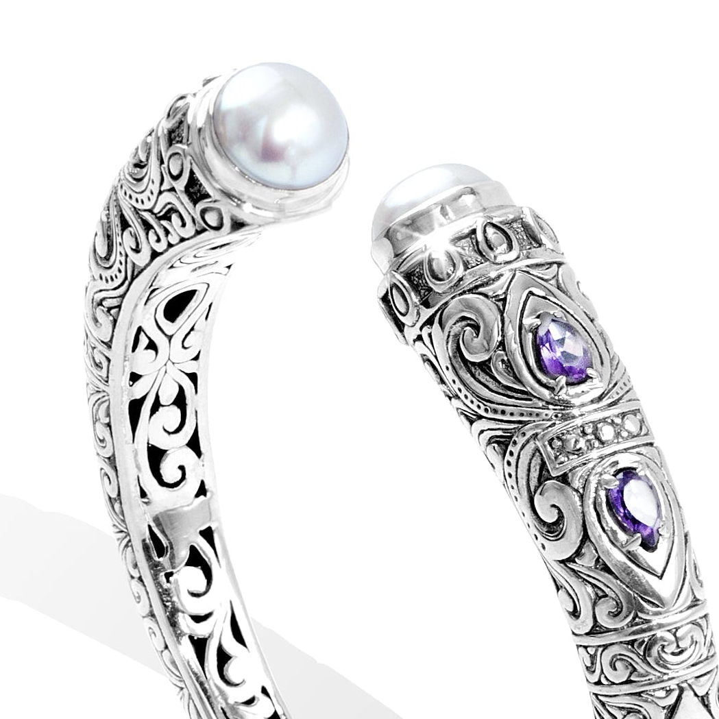 Handcrafted Balinese Silver Open Cuff Bracelet with Pearl & Amethyst