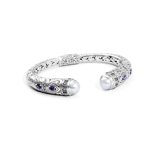 Handcrafted Balinese Silver Open Cuff Bracelet with Pearl & Amethyst