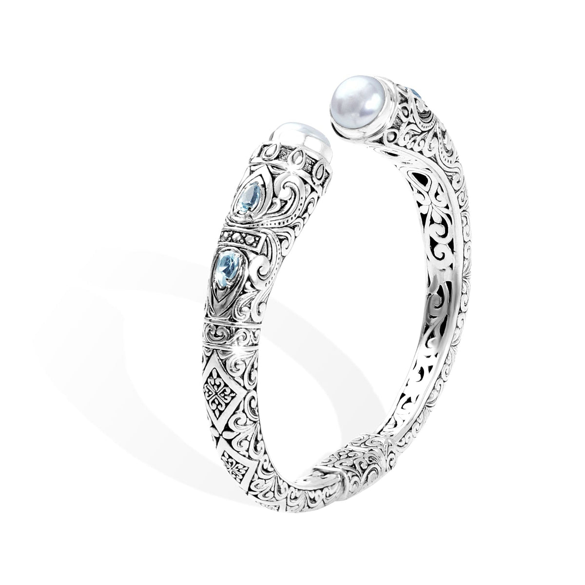 Handcrafted Balinese Silver Open Cuff Bracelet with Pearl & Blue Topaz