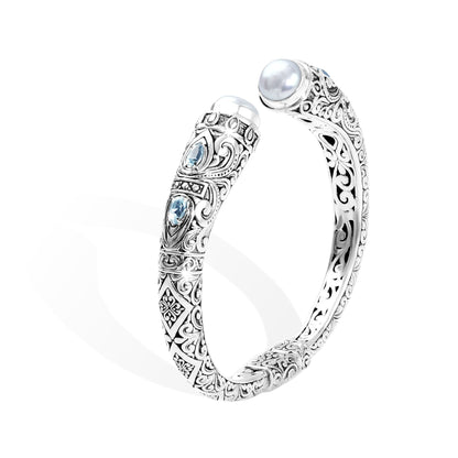 Handcrafted Balinese Silver Open Cuff Bracelet with Pearl & Blue Topaz