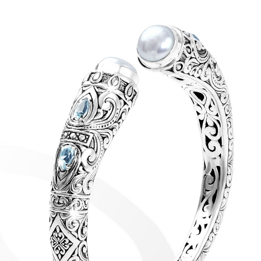 Handcrafted Balinese Silver Open Cuff Bracelet with Pearl & Blue Topaz