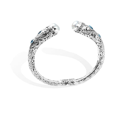 Handcrafted Balinese Silver Open Cuff Bracelet with Pearl & Blue Topaz