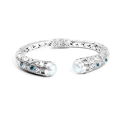 Handcrafted Balinese Silver Open Cuff Bracelet with Pearl & Blue Topaz