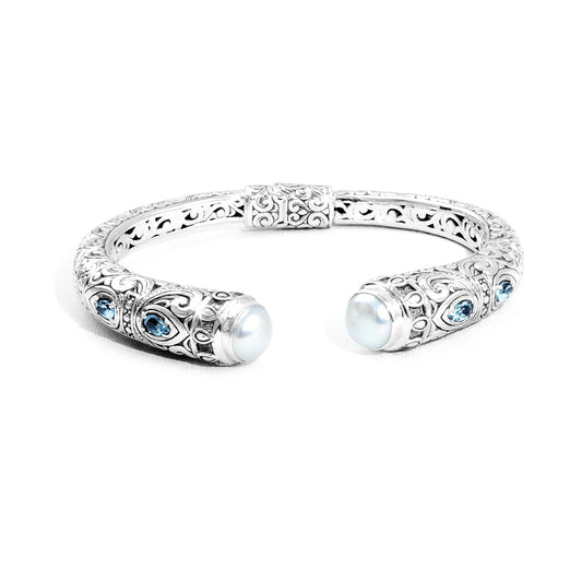 Handcrafted Balinese Silver Open Cuff Bracelet with Pearl & Blue Topaz