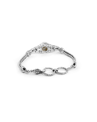 Balinese Pearl Bracelet with Woven Silver Chain and Ornate Scrollwork