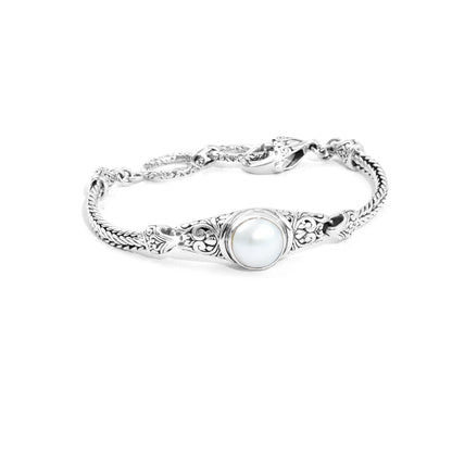 Balinese Pearl Bracelet with Woven Silver Chain and Ornate Scrollwork