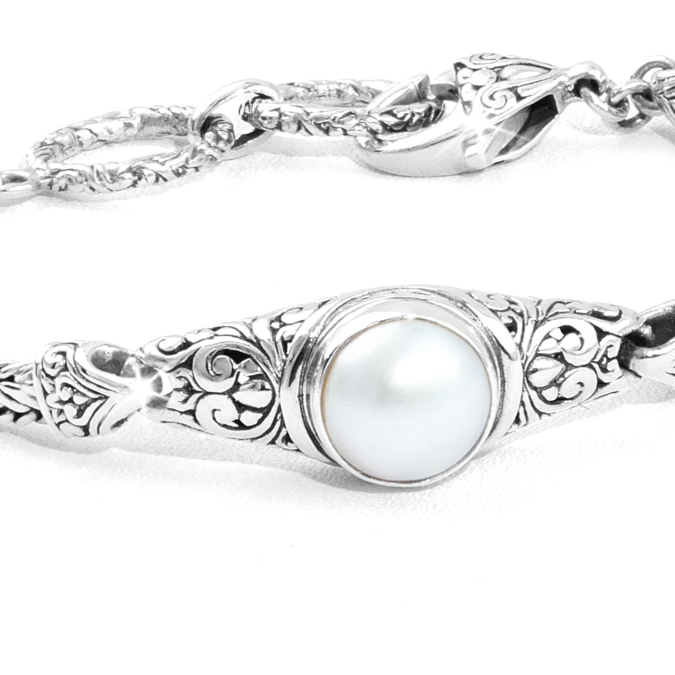 Balinese Pearl Bracelet with Woven Silver Chain and Ornate Scrollwork