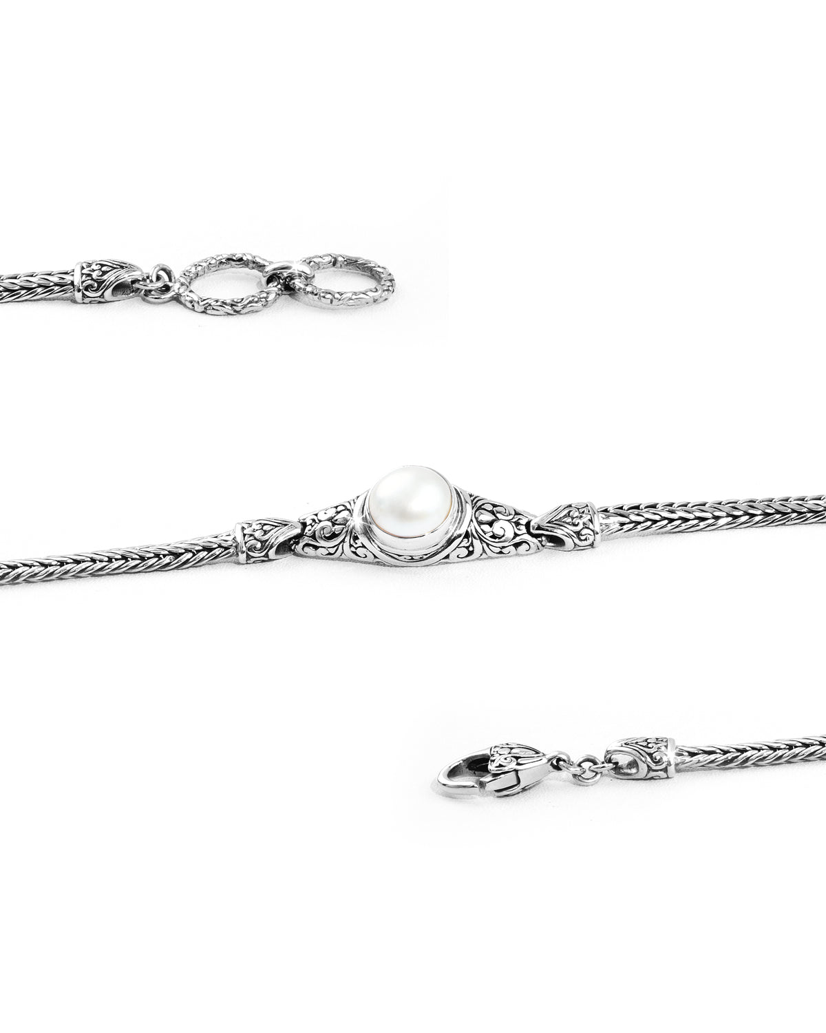 Balinese Pearl Bracelet with Woven Silver Chain and Ornate Scrollwork