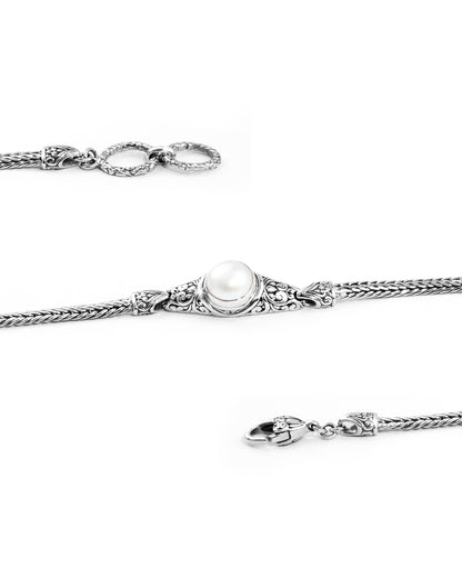 Balinese Pearl Bracelet with Woven Silver Chain and Ornate Scrollwork