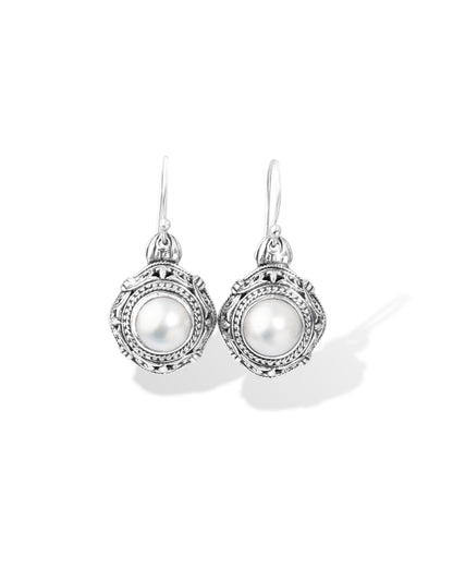 Lustrous Pearl Balinese Sterling Silver Drop Earrings with Ornate Filigree