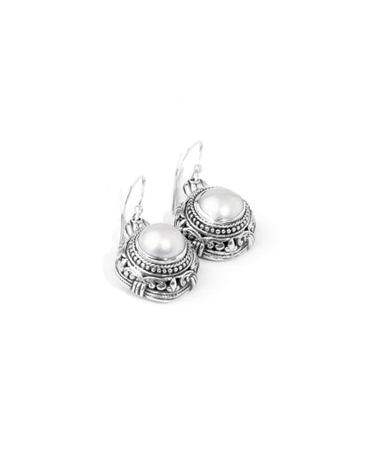 Lustrous Pearl Balinese Sterling Silver Drop Earrings with Ornate Filigree