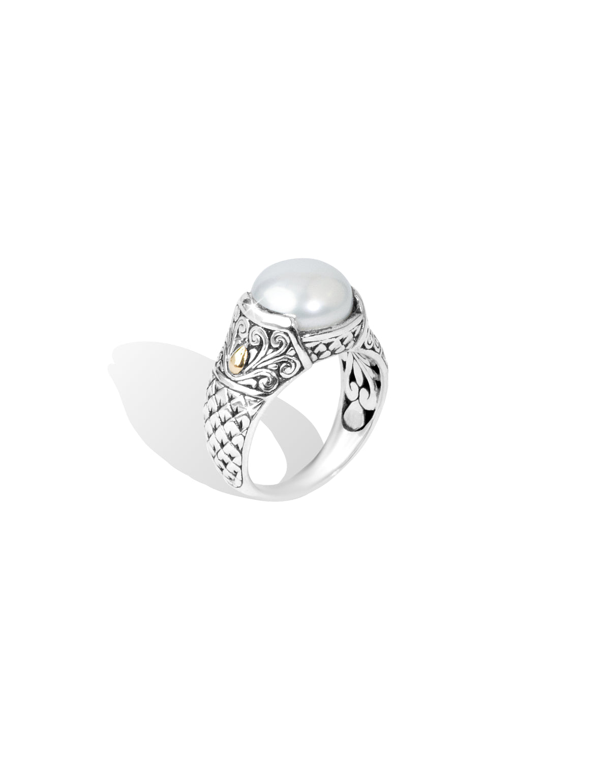 Lustrous Pearl – Balinese Sterling Silver Statement Ring with 18K Gold Accents
