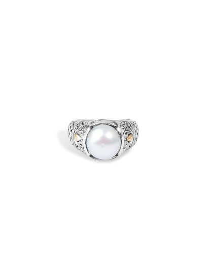 Lustrous Pearl – Balinese Sterling Silver Statement Ring with 18K Gold Accents