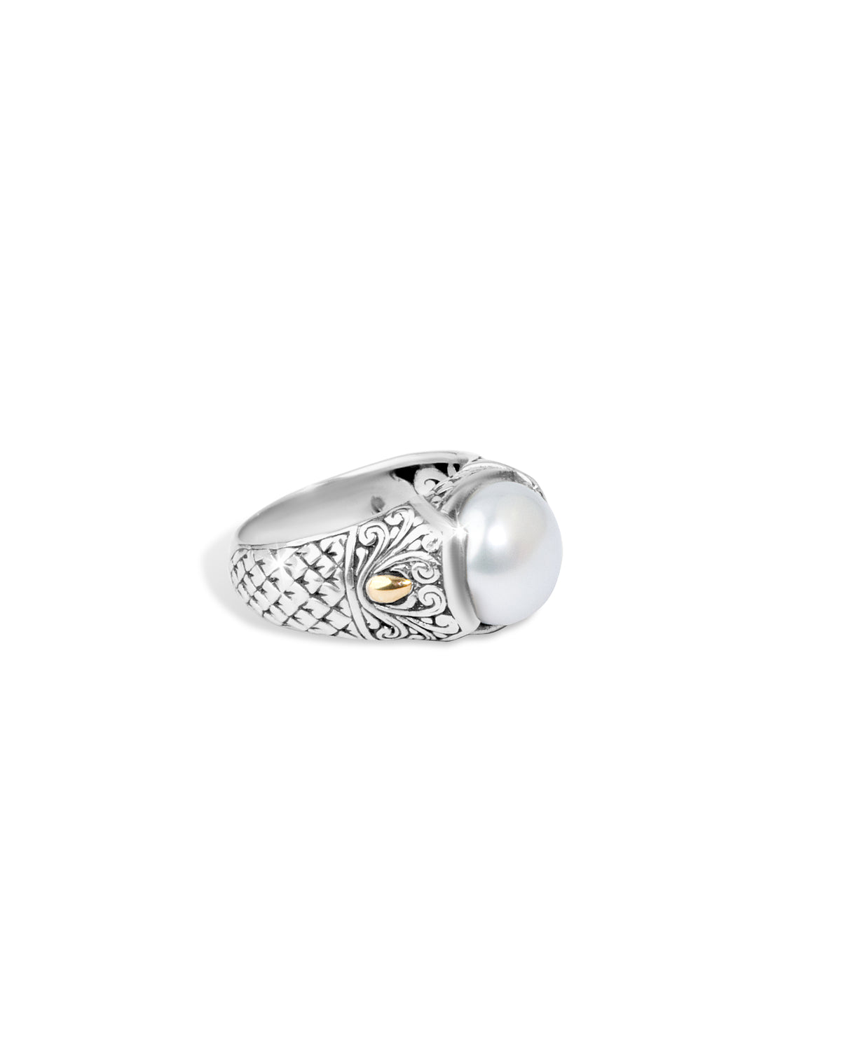 Lustrous Pearl – Balinese Sterling Silver Statement Ring with 18K Gold Accents