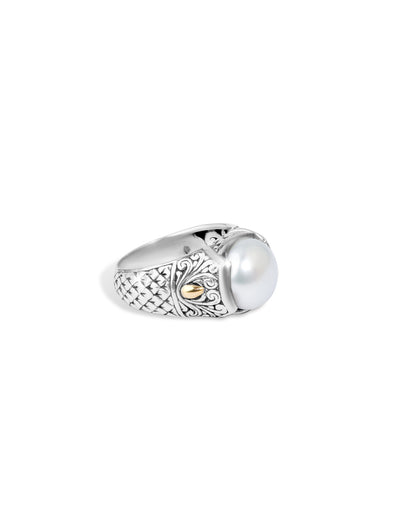 Lustrous Pearl – Balinese Sterling Silver Statement Ring with 18K Gold Accents