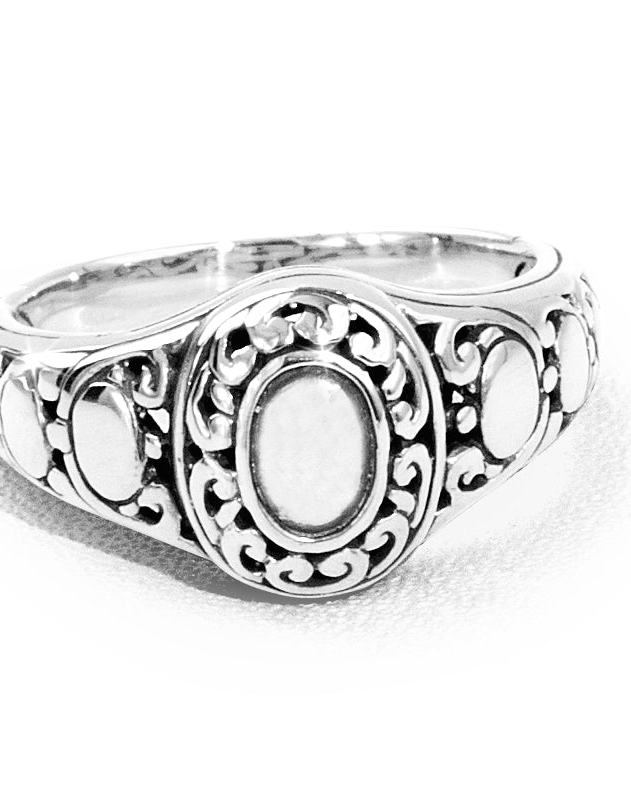 Ornate Balinese Silver Ring with Oval Center and Scrollwork
