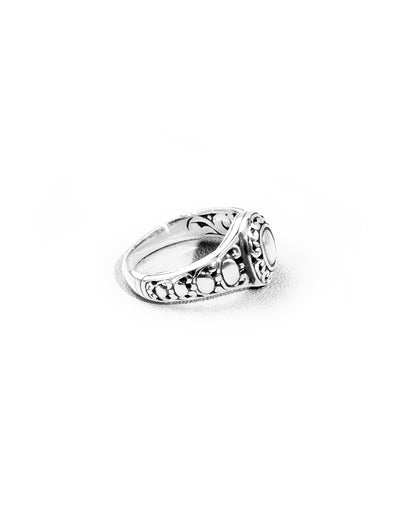Ornate Balinese Silver Ring with Oval Center and Scrollwork