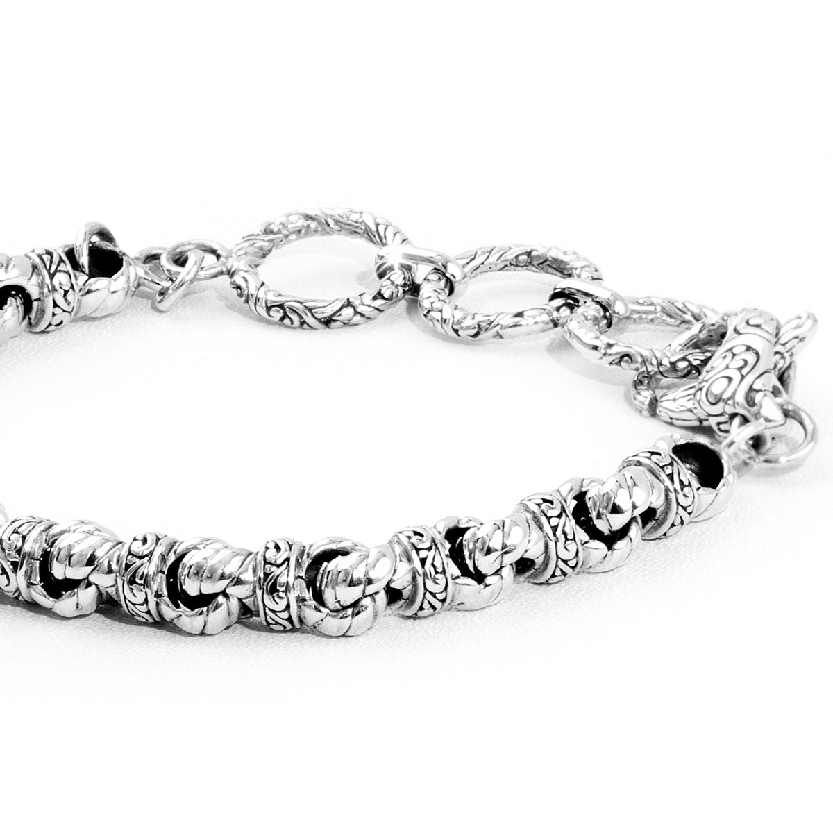 Balinese Ornate Link Silver Chain Bracelet with Carved Lobster Clasp