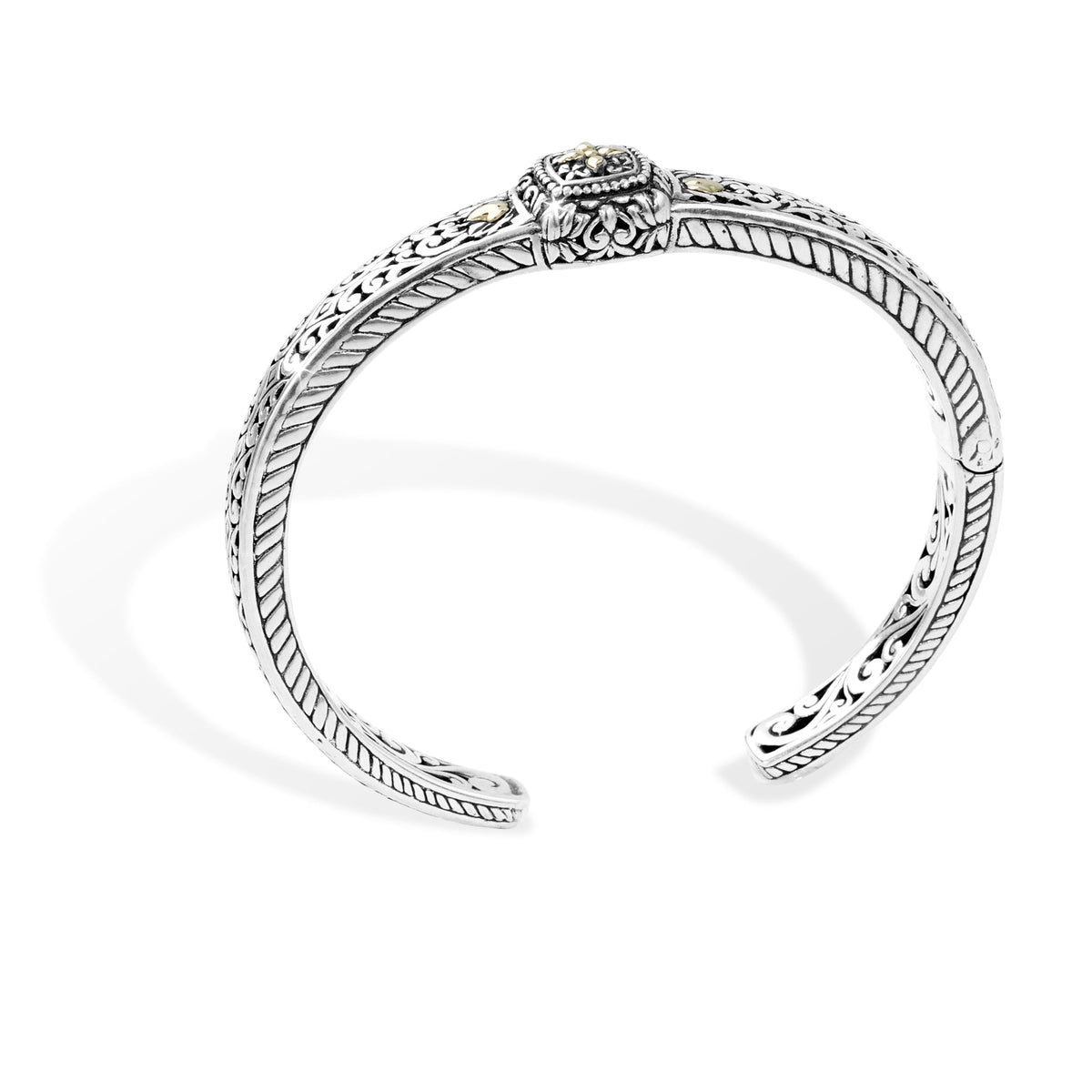 Balinese Scrollwork Silver Cuff Bracelet with 18K Gold Floral Accents