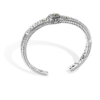 Balinese Scrollwork Silver Cuff Bracelet with 18K Gold Floral Accents